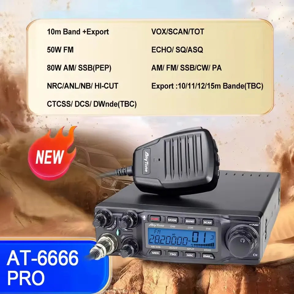 New Anytone AT-6666Pro 80W High Power 28.000-29.695MHz 10 Meter Radio CW/AM/FM/USB/PA Mode 40CH Car Mobile Radio