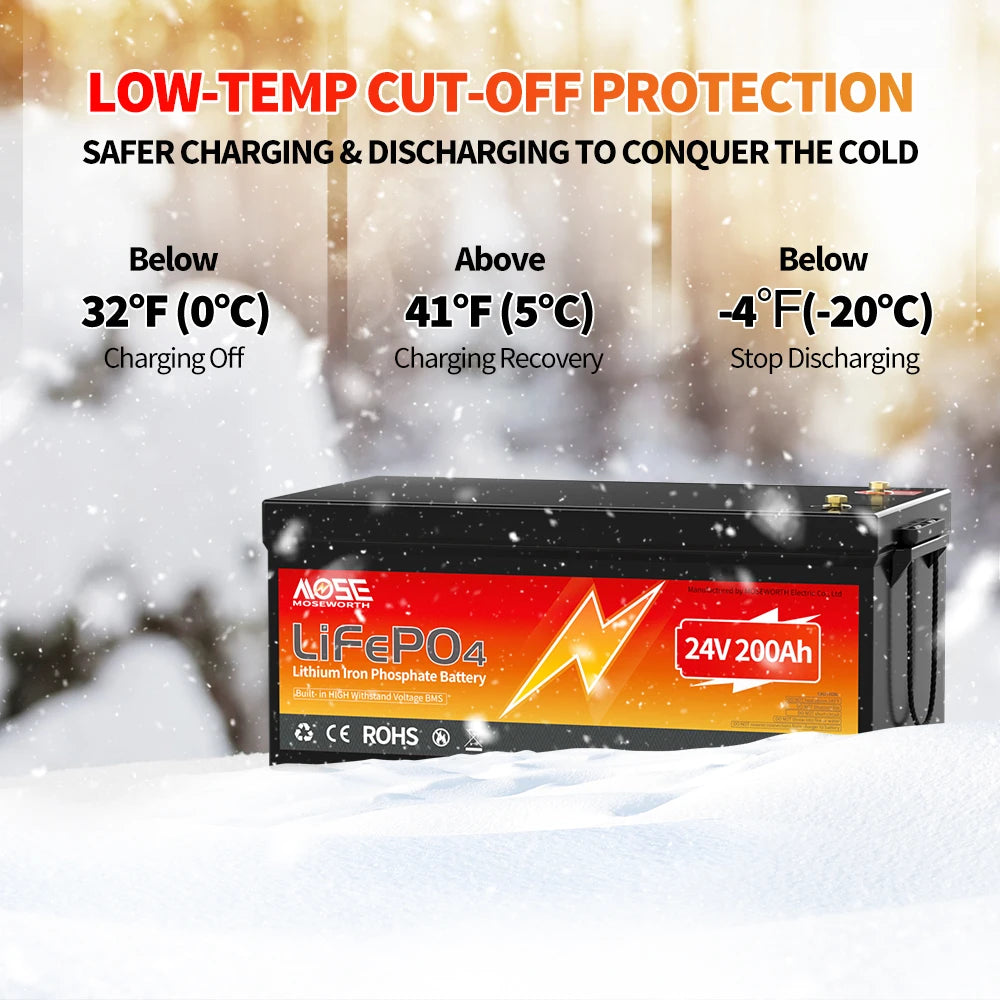 MOSEWORTH 24V 200Ah LiFepo4 Battery Built in 200A BMS Rechargeable Lithium Batteries for Boat Marine RV Solar Trolling Motor