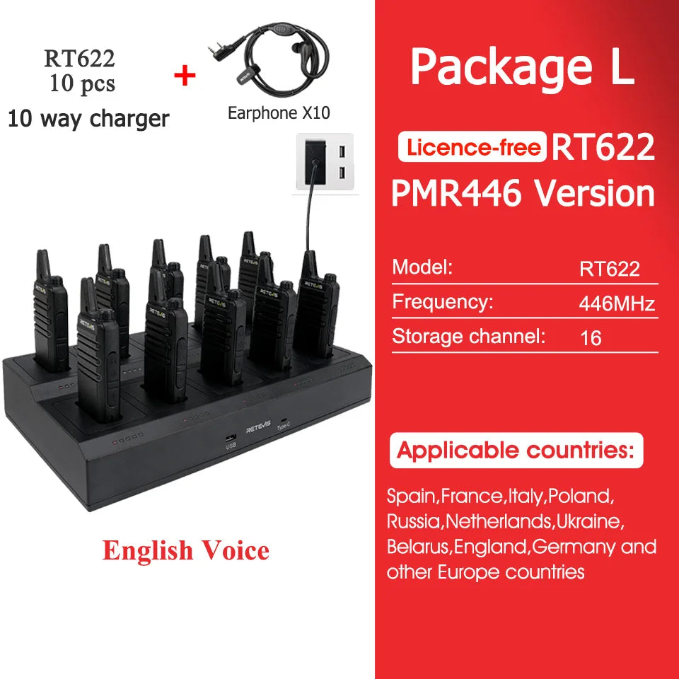 10 Pcs Wholesale Mini Walkie Talkie Retevis Rechargeable Walkie-talkies Two-way Radio RT622 PMR446 Radio Hotel Restaurant Retail
