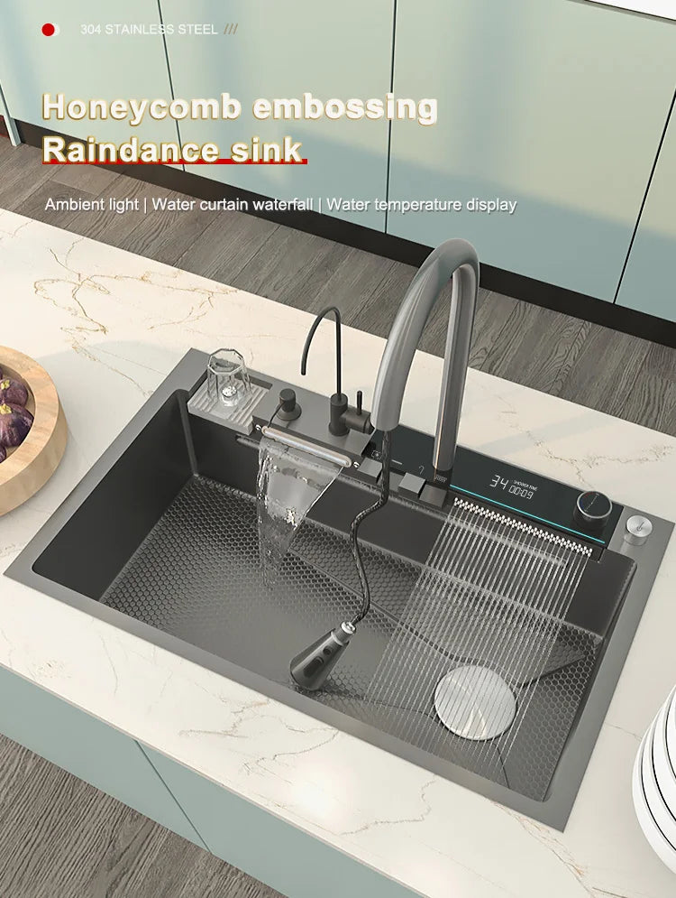 Stainless Steel Waterfall Kitchen Sink Large Single Slot With Digital Display Faucet Apartment Multifunctional Wash Basin