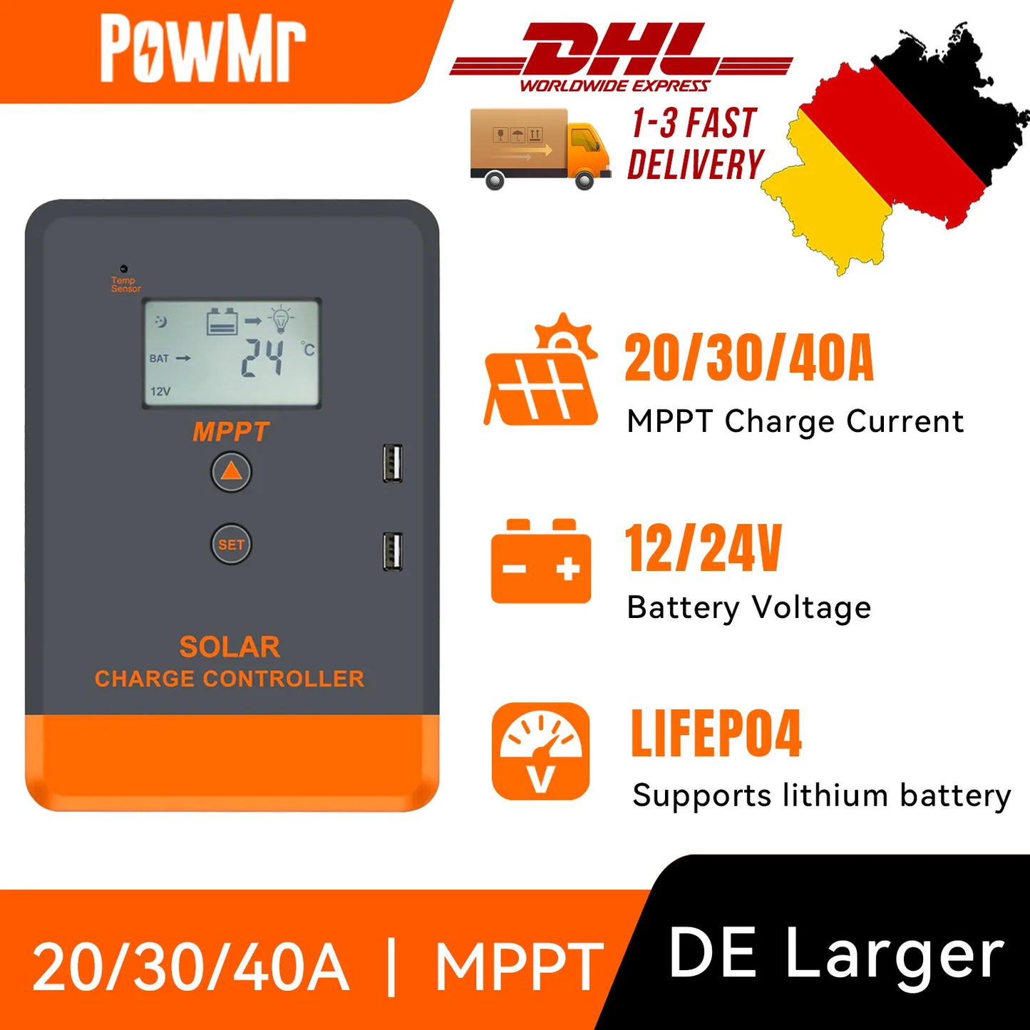 PowMr Solar Charge Controller MPPT 20A/30A/40A Charging Auto LCD Display Regulator 12V/24V Lithium Battey 100% MPPT Dual USB