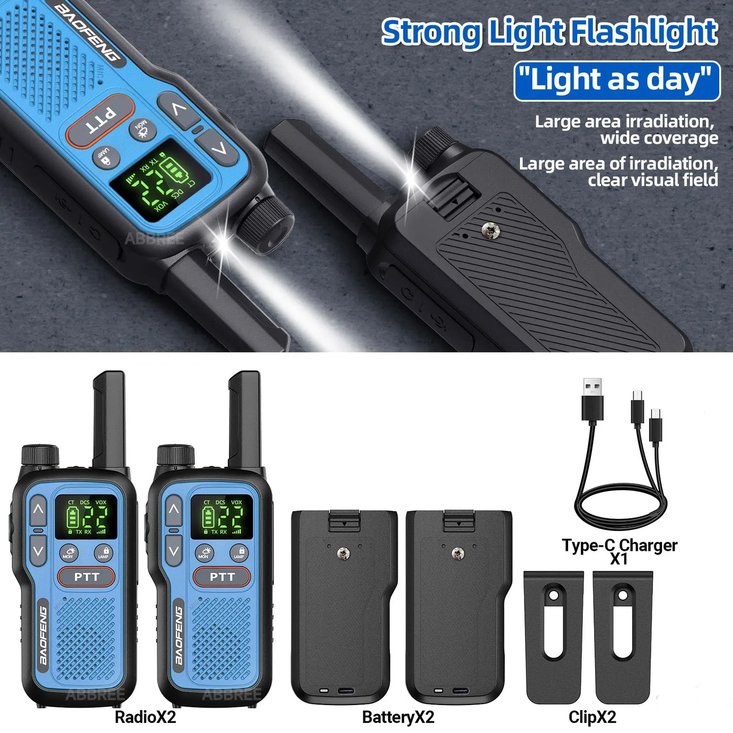 2X BAOFENG FRS Walkie Talkies Long Range Walkie Talkie NOAA VOX Flashlight Type-C Portable Two Way Radio For Restaurant Camping