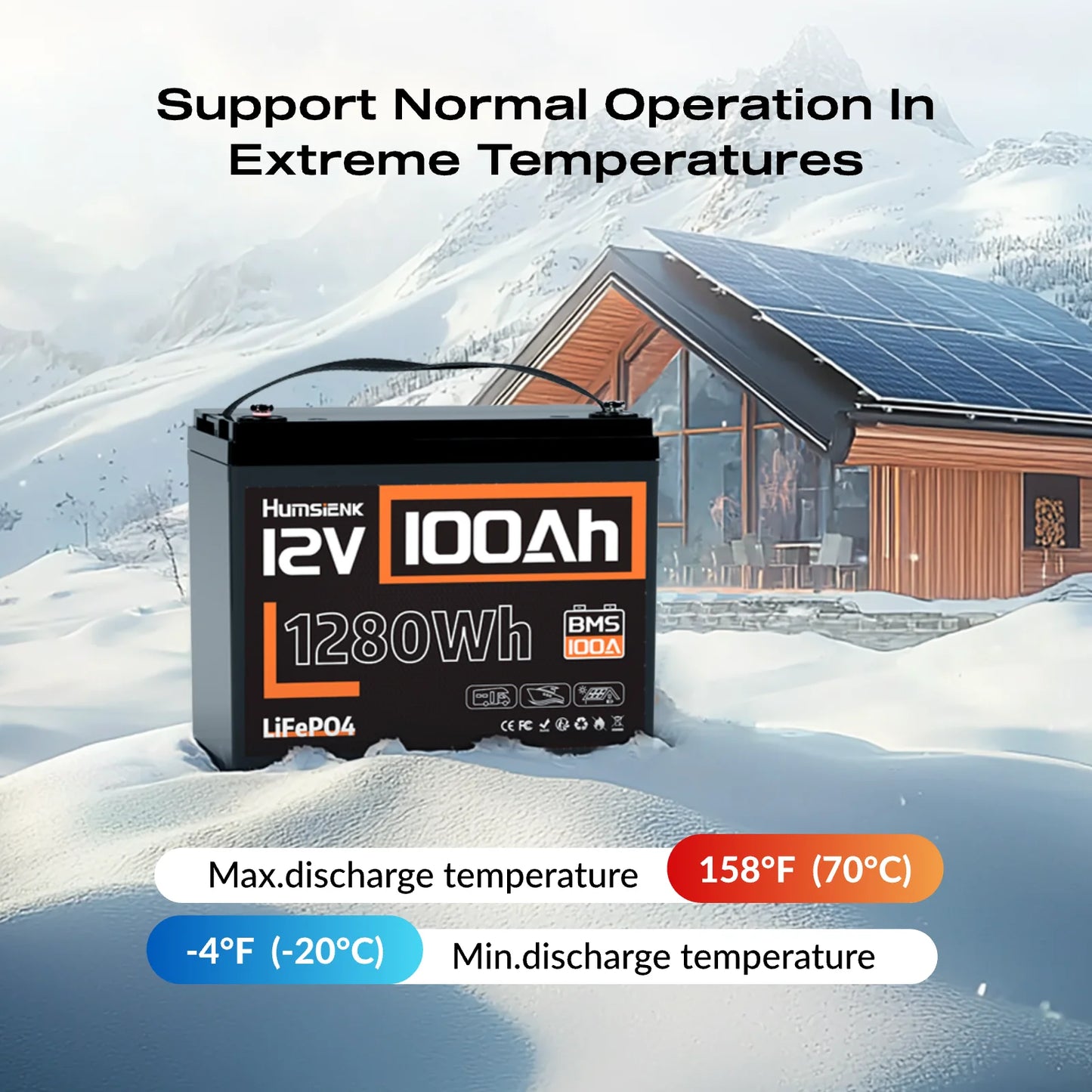 Humsienk LiFePO4 Lithium Battery 12V 100Ah Low-Temp Protect Built-in 100A BMS 15000 Cycles For Vans,Golf Cart,Boat,RV,Camp,GP24