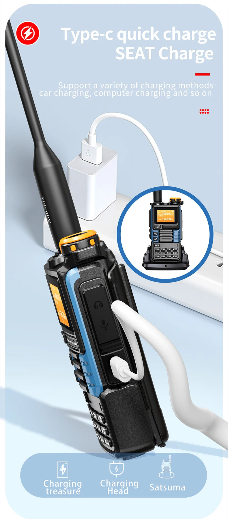 UVK5(99) AM/FM/DTMF Walkie-Talkie 200CH 20-1000MHZ Walkie-Talkie NOAA Weather Forecast with Flash Copy Frequency Tpye-C LCD Disp