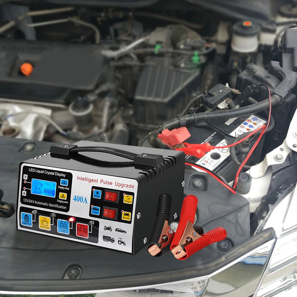 400A 220W Heavy Duty Smart Car Battery Charger 12V/24V LCD Display Self-Stop Battery Charger Five-Stage Full Automatic EU/US