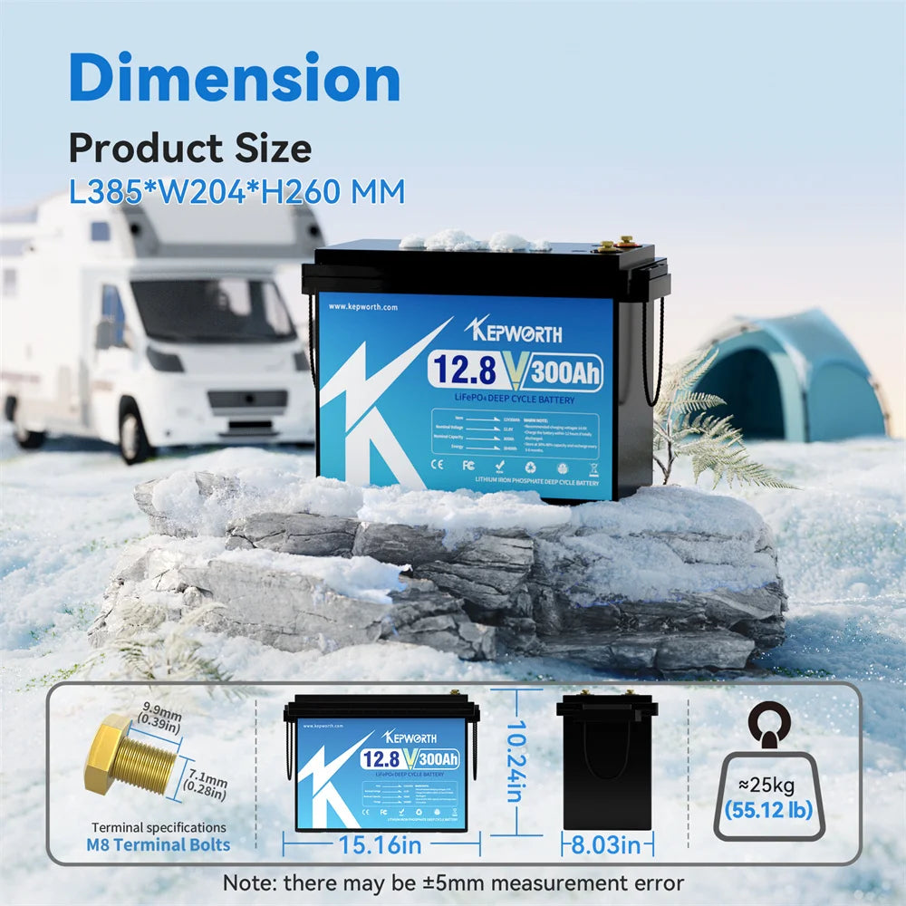 KEPWORTH 12V 300Ah LiFePO4 Battery, Built-in 200A BMS 3840Wh Energy Deep Cycles, Perfect for Off-Grid, Motorhome, Solar System