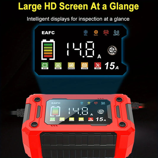 New 12V 15A/8A Smart Car Battery Charger Pulse Repair Automatic Start Fast Charger For Car Motorcycle Truck Lead Acid Batteries