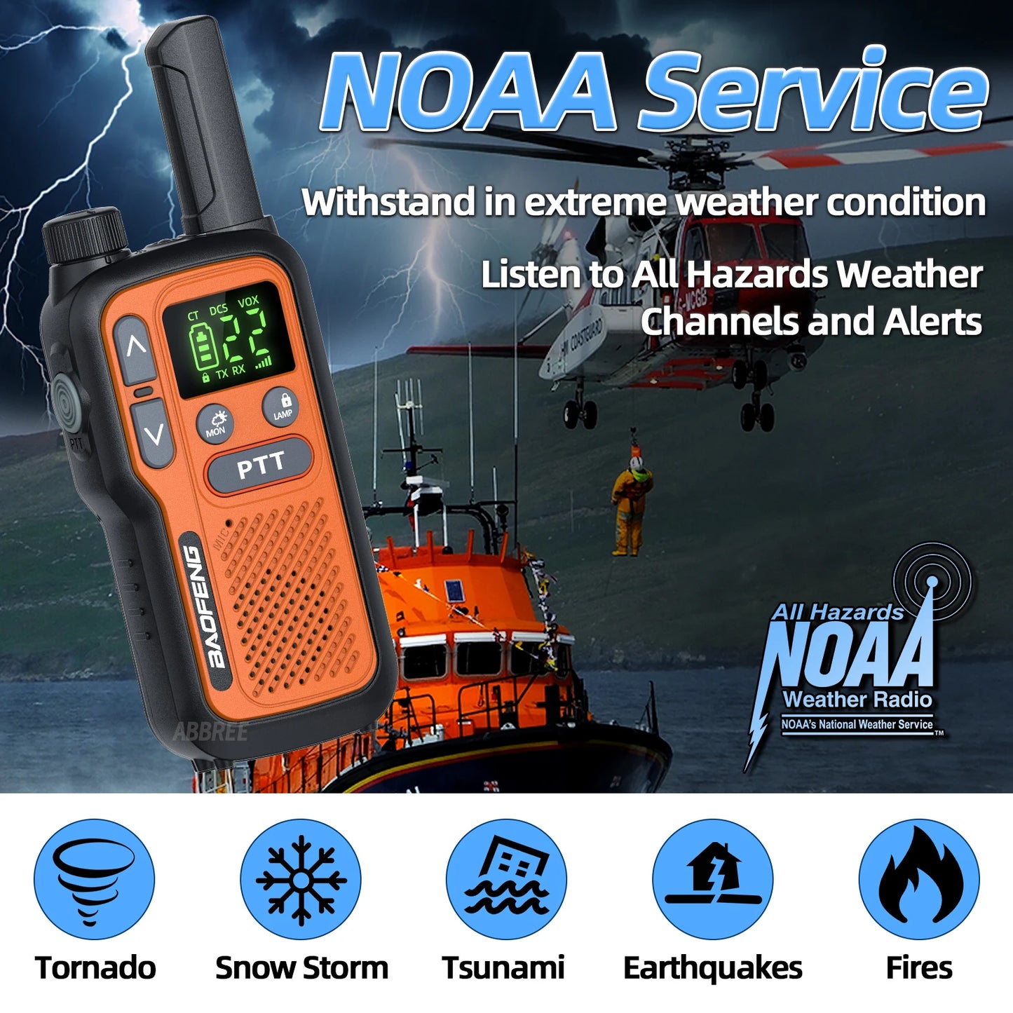 2X BAOFENG FRS Walkie Talkies Long Range Walkie Talkie NOAA VOX Flashlight Type-C Portable Two Way Radio For Restaurant Camping