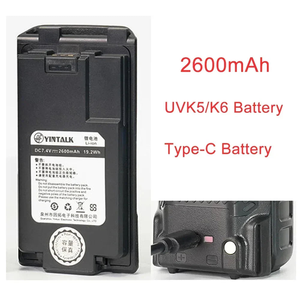 For Quansheng UV-K5 K6 Walkie Talkie Battery 2000/2600/3500mAh Type-C Charge Batterior High Capacity Radio Rechargable Battery