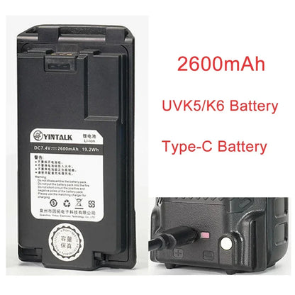 For Quansheng UV-K5 K6 Walkie Talkie Battery 2000/2600/3500mAh Type-C Charge Batterior High Capacity Radio Rechargable Battery