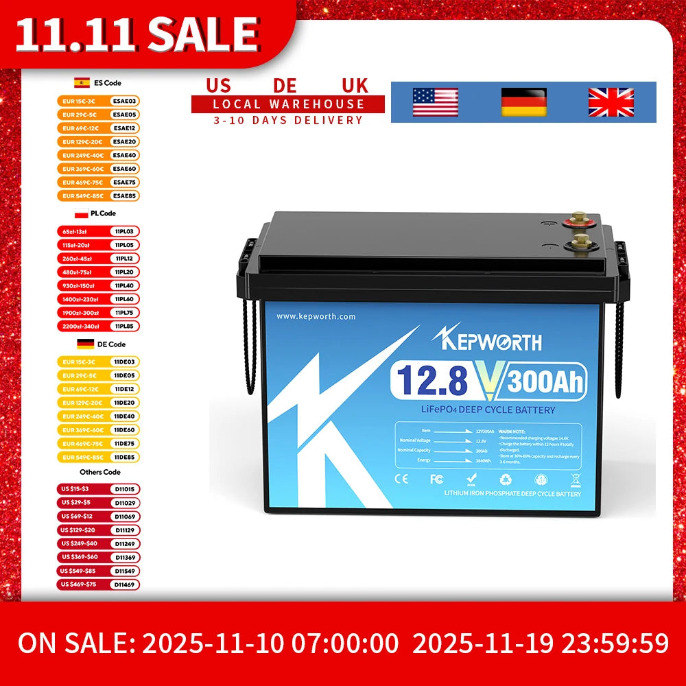 KEPWORTH 12V 300Ah LiFePO4 Battery, Built-in 200A BMS 3840Wh Energy Deep Cycles, Perfect for Off-Grid, Motorhome, Solar System