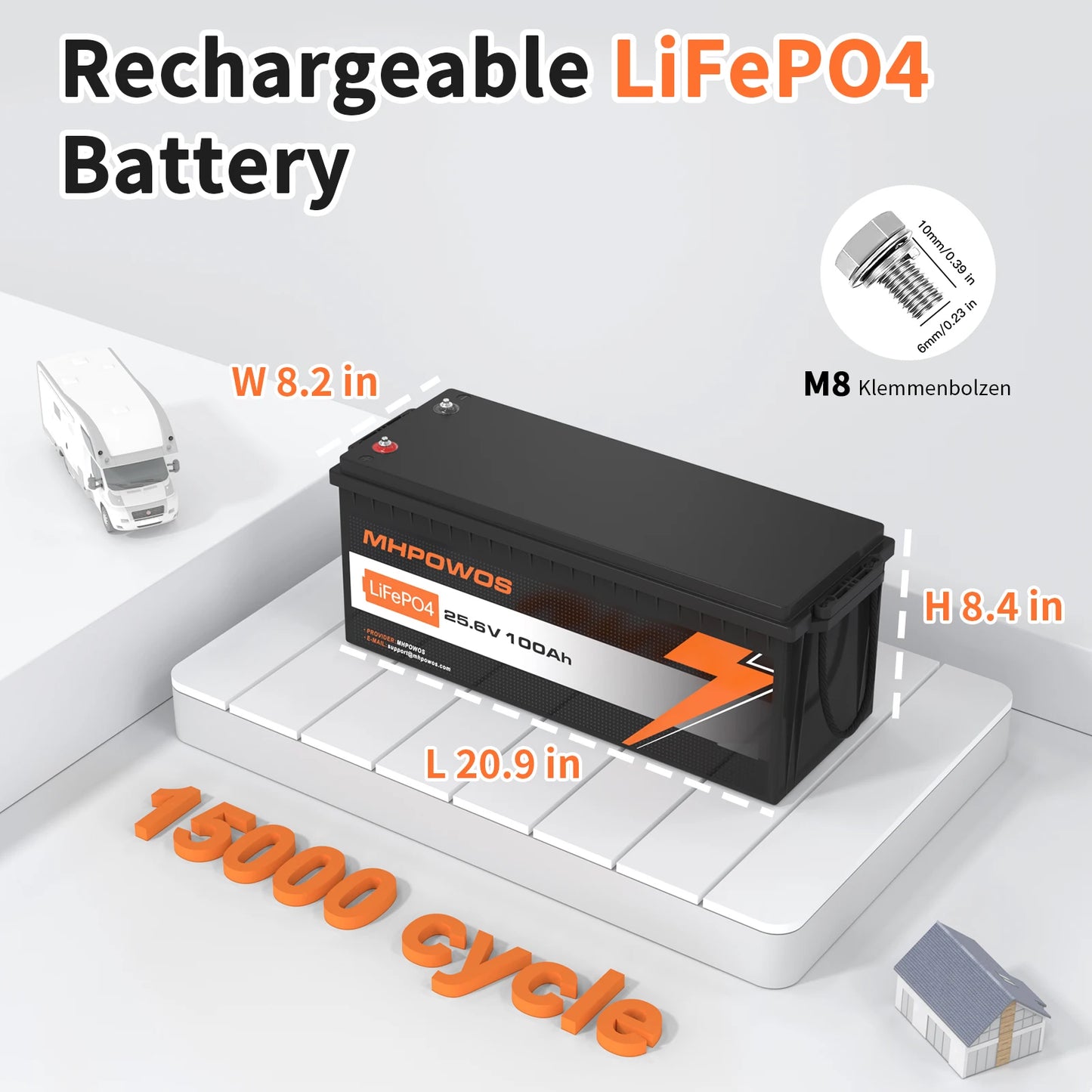 MHPOWOS 24V 100Ah LiFePo4 Battery 2560Wh Supports with BMS Lithium Iron Phosphate Cells Up to 15000 Cycles For Golf Cart Solar