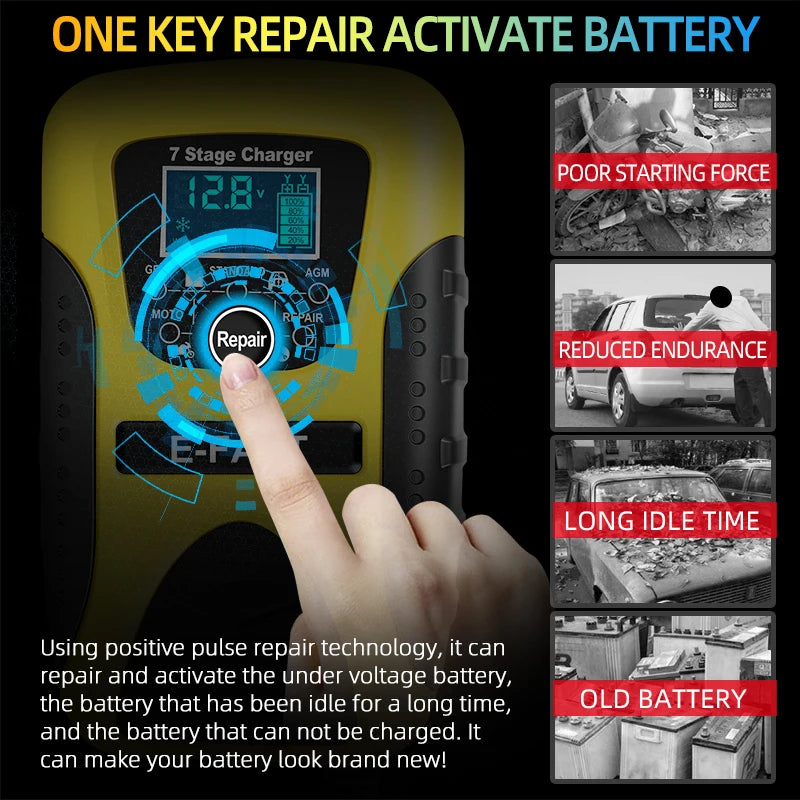 12V 7A Full Automatic Battery Charge Machine LCD Display 7 Stage Smart Car Battery Charger for Car Motorcycle with Pulse Repair