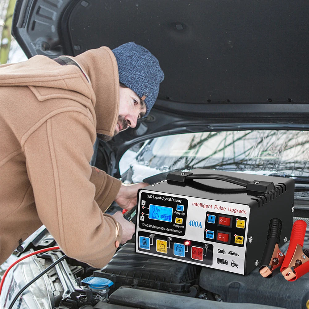 400A 220W Heavy Duty Smart Car Battery Charger 12V/24V LCD Display Self-Stop Battery Charger Five-Stage Full Automatic EU/US