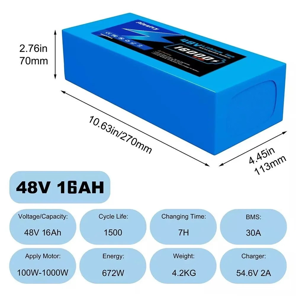 Aleaivy 48V 20Ah Electric Bike Lithium Battery Pack 20000mAh Li ion Ebike Battery for Bicycle Scooter Motorcycle with Charger