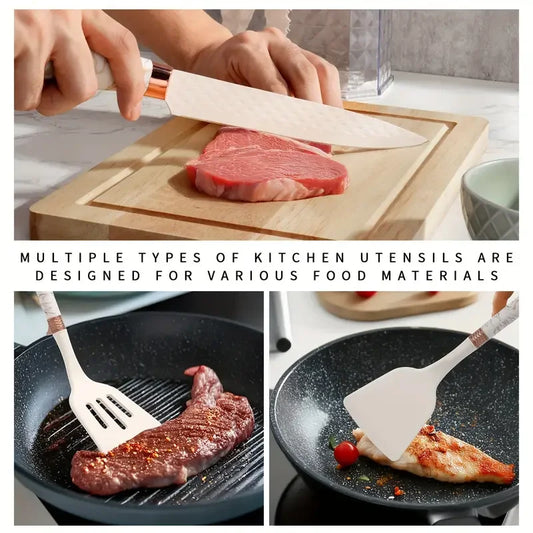 16PCS/Stainless Steel Kitchen Knife Silicone kitchenware set Spatula spoon bread knife scissors peeler cut meat knife Tool rest