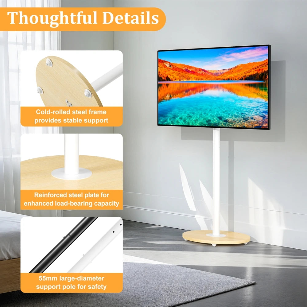 Heavy Duty Mobile TV Floor Stand for 40-75 Inches White Height Adjustable TV Mount Cart Stand with Hidden Wheels