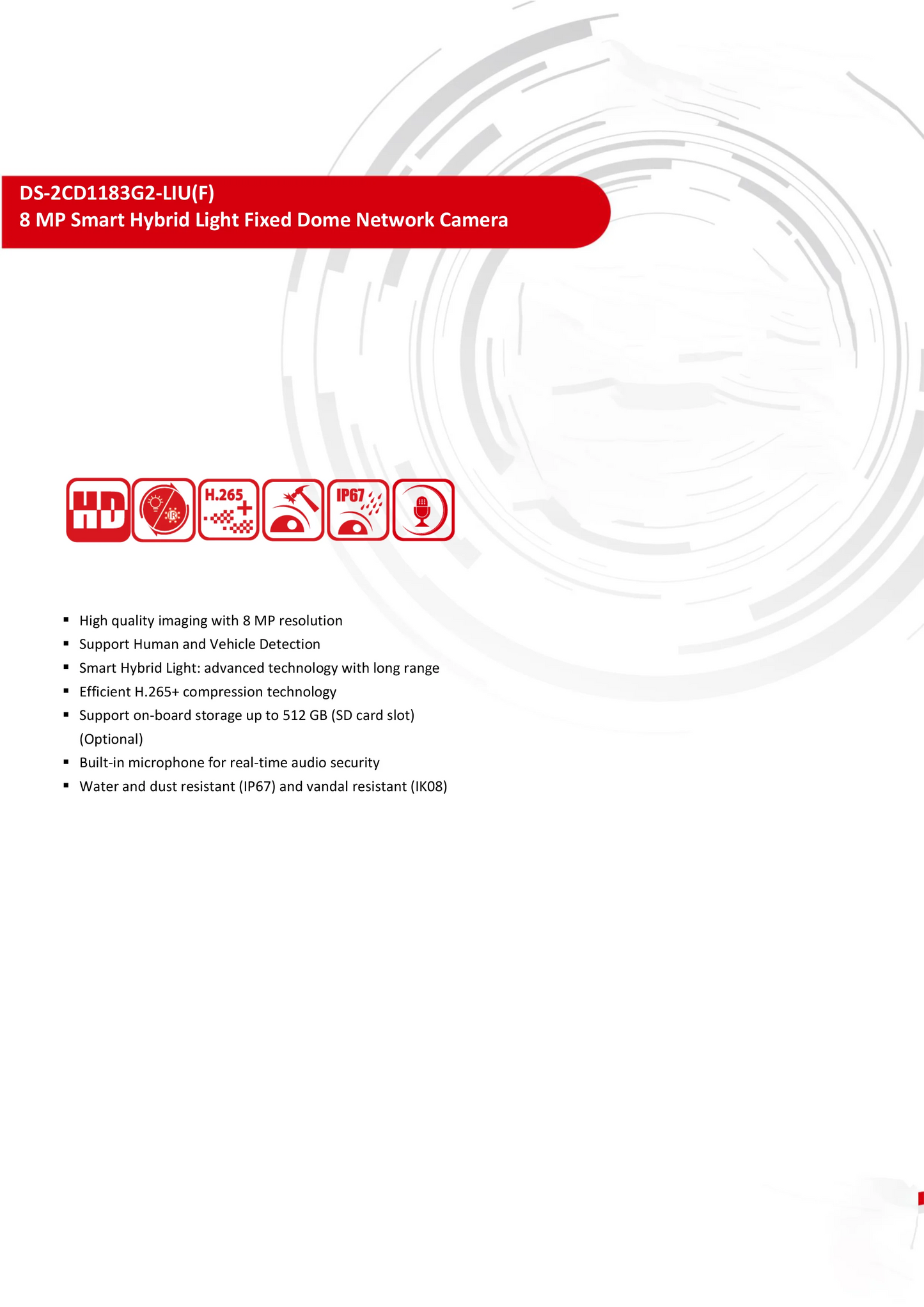 Hikvision 8MP IP Camera DS-2CD1183G2-LIUF POE Built-in Mic 4K Smart Hybrid Light Dual-Light SD Card Slot IR Dome Network Camera