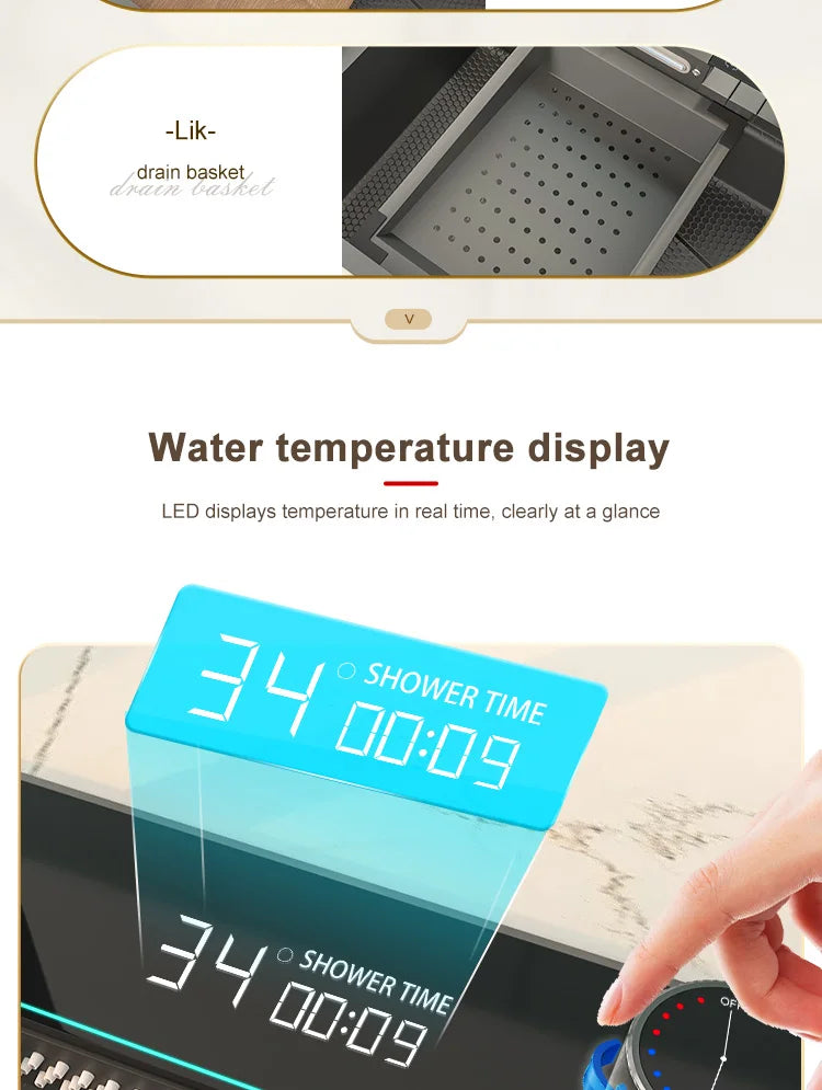 Stainless Steel Waterfall Kitchen Sink Large Single Slot With Digital Display Faucet Apartment Multifunctional Wash Basin