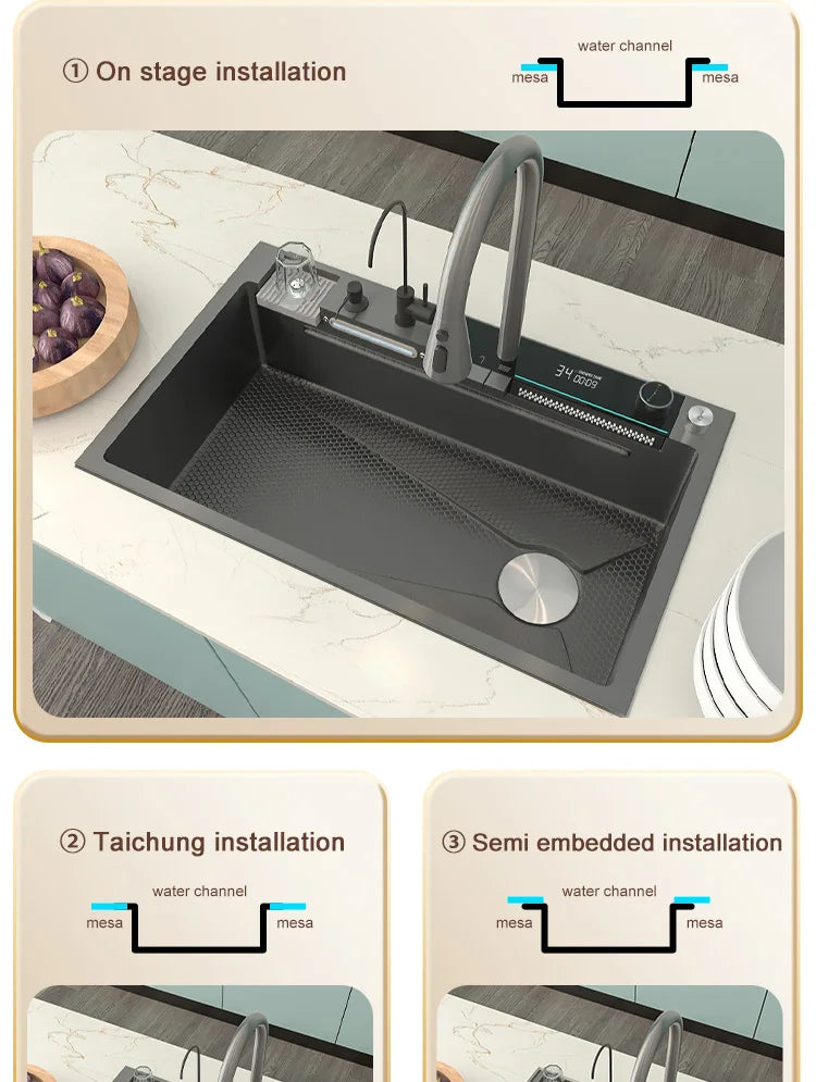 Stainless Steel Waterfall Kitchen Sink Large Single Slot With Digital Display Faucet Apartment Multifunctional Wash Basin
