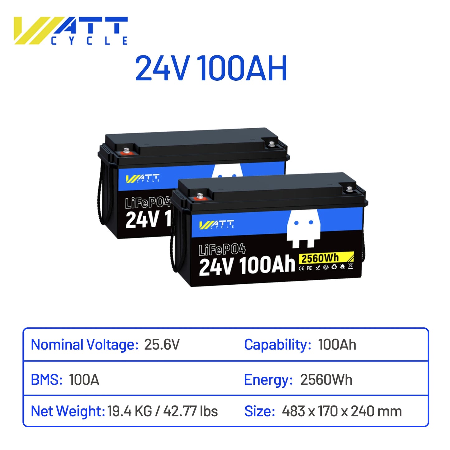 Wattcycle New 24V LiFePO4 Lithium Battery 100Ah Solar Lithium Battery Pack 15000 Cycles with BMS for Home Solar System 1/2Packs