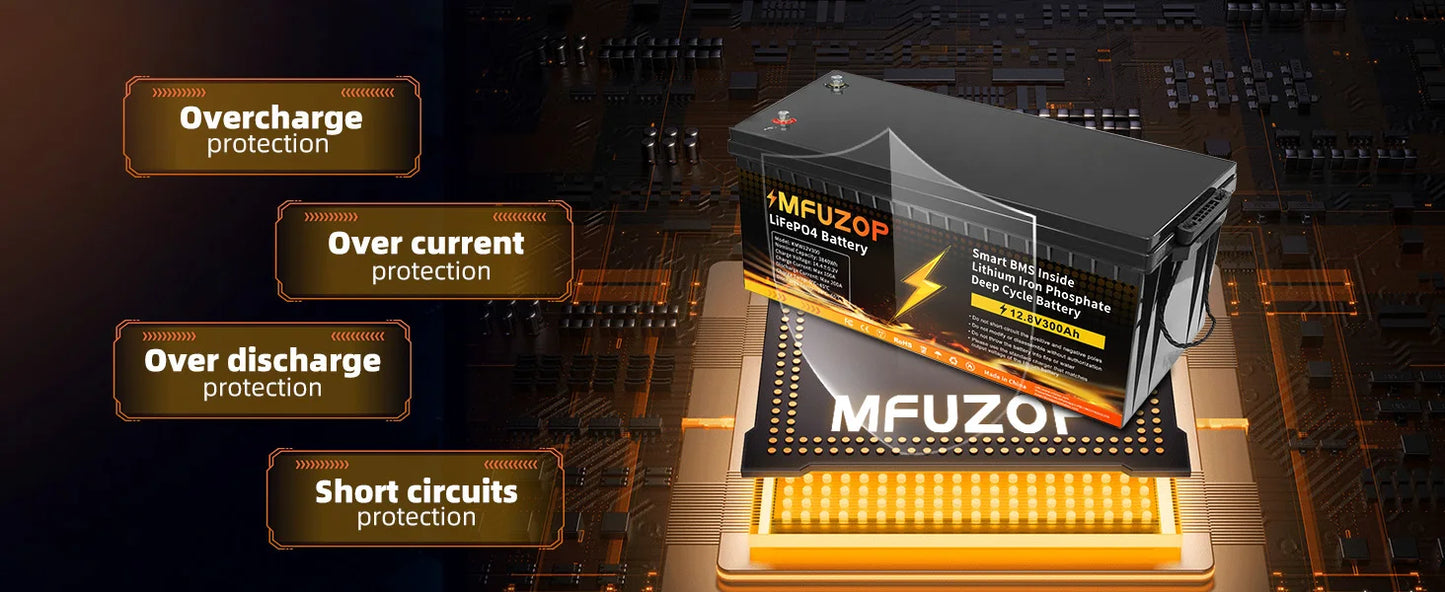 DATOUBOSS 12V 300Ah LiFePO4 Battery 3840Wh Deep Cycle Built-in BMS Max 200A Discharge for Solar Off-grid RV Marine