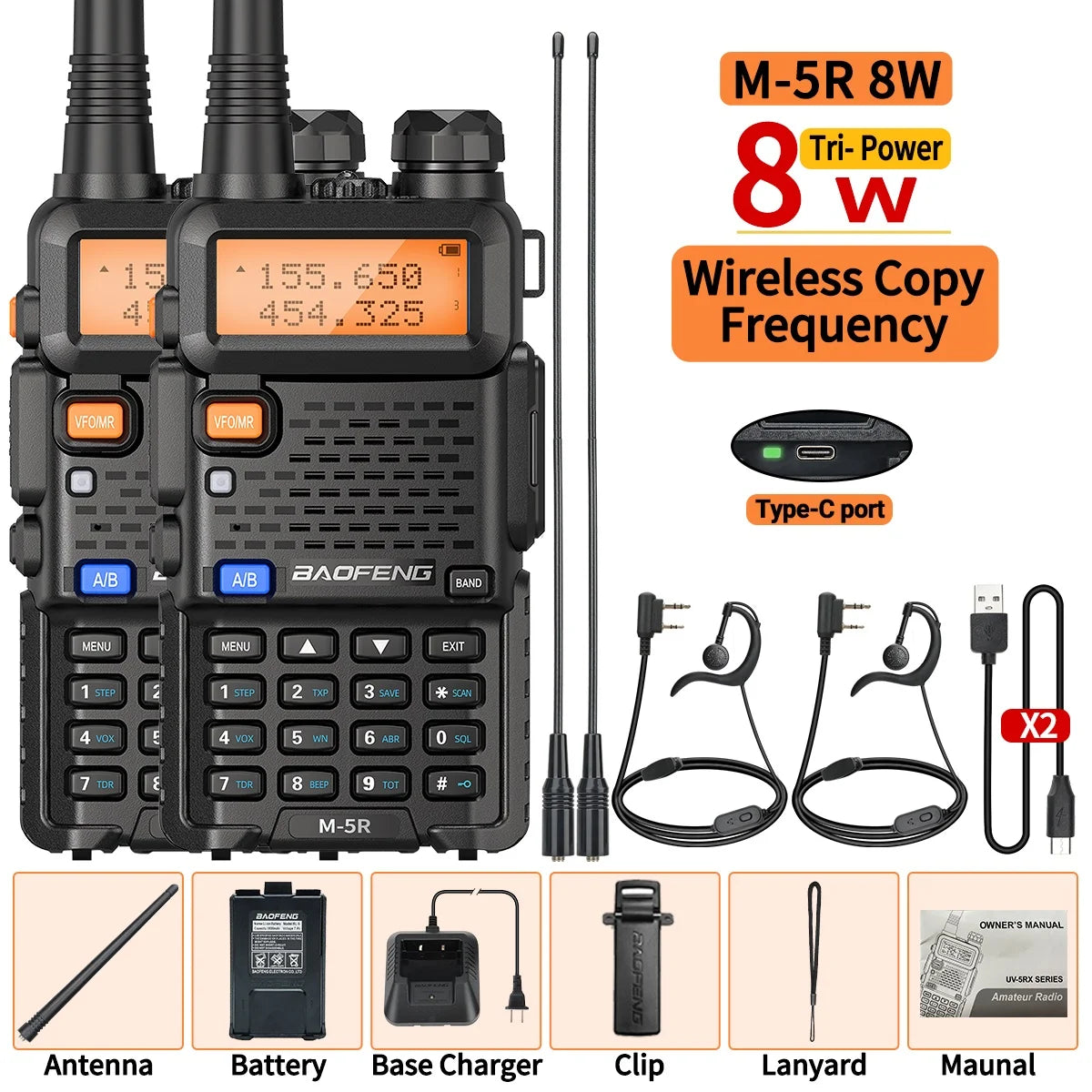 1/2PCS New Baofeng M-5R 8W Walkie Talkie Multi Band Type-C Wireless Copy Frequency AM Long Range For UV-5R Two Way Ham Radio