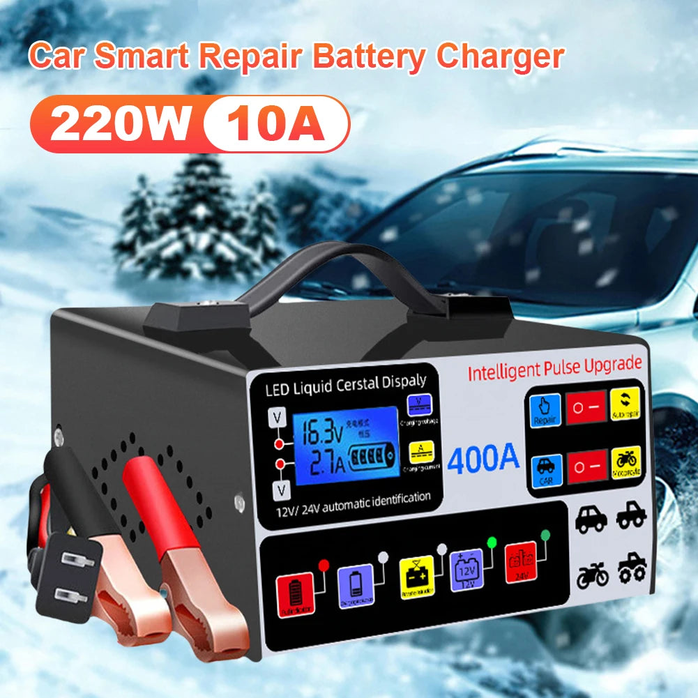 400A Car Battery Charger LCD Display Battery High Power Fast Charger Intelligent Pulse Repair Charger Self-Stop Battery Charger