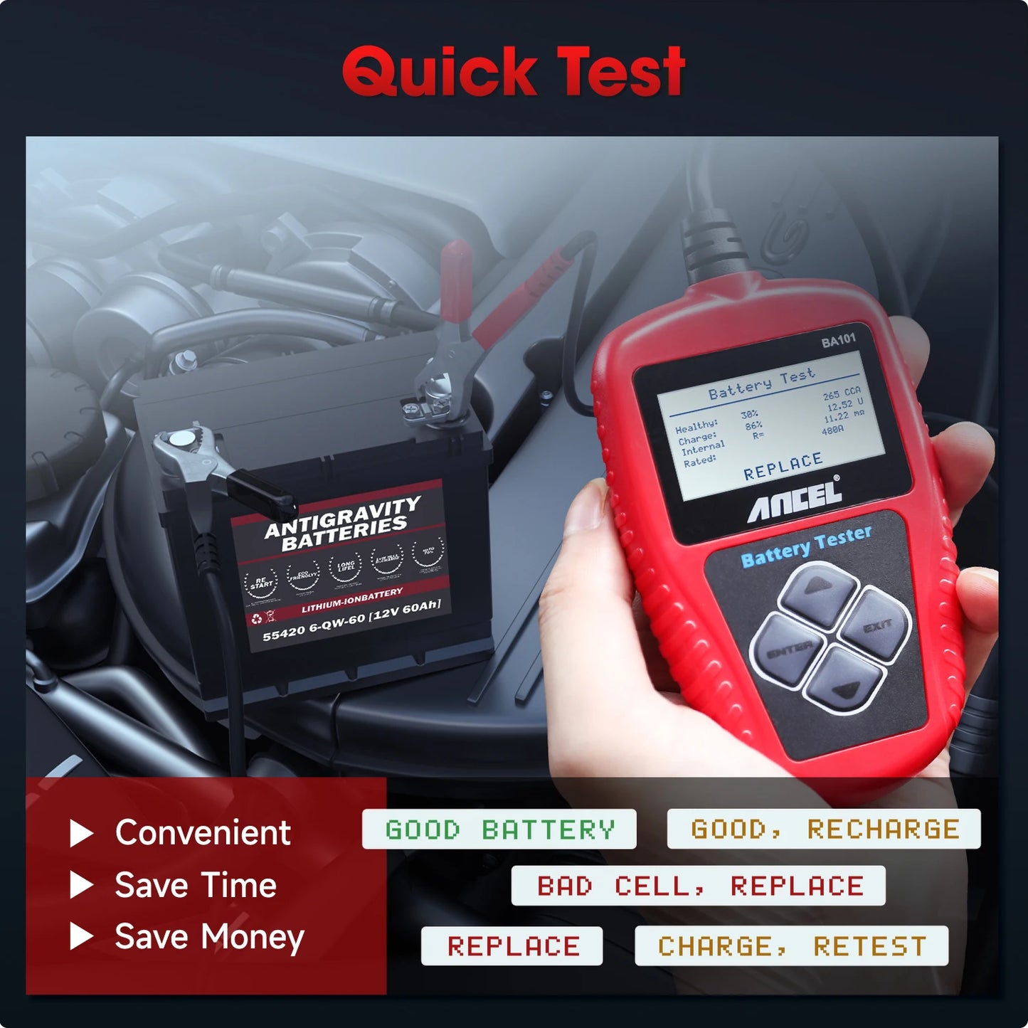 12V Car Battery Tester Analyzer Automotive Battery Load Tester 100-2000CCA Charging Circuit load Diagnostic Tools ANCEL BA101