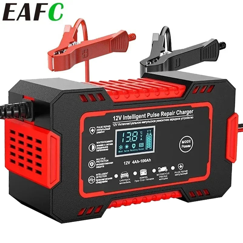 EAFC 6A Car Battery Charger 12V Motorcycle Fully Automatic Repair Charge Intelligent Fast Charging Lead Acid Battery LCD Display