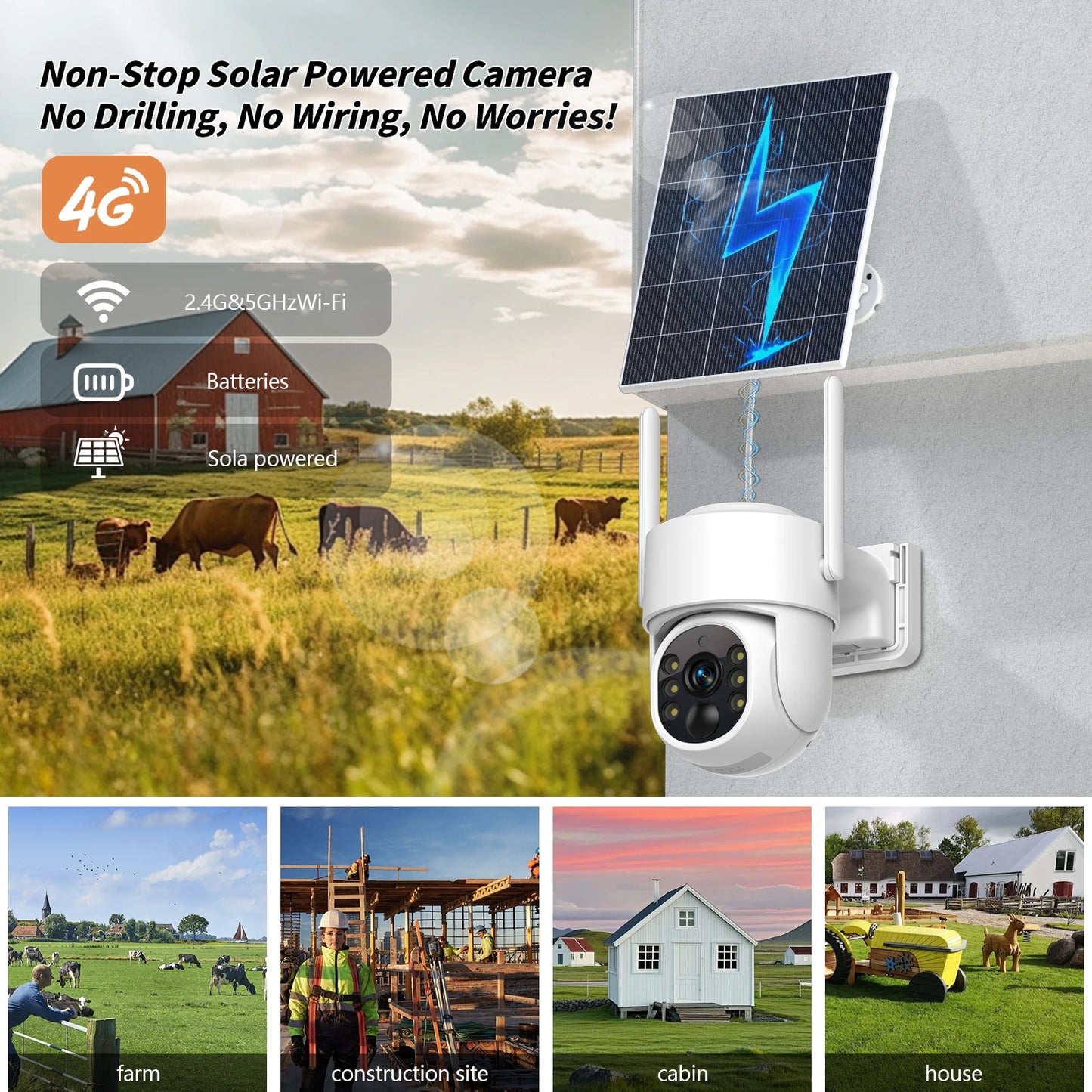 WESECUU WiFi PTZ Camera Outdoor Wireless Solar IPCamera 4MP HD Built-in Battery Video Surveillance Camera Long Time Standby