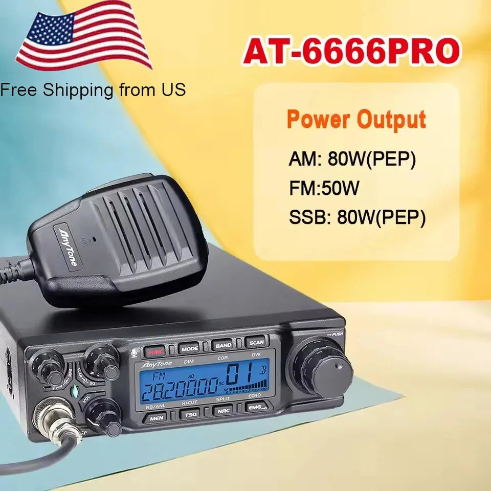 New Anytone AT-6666Pro 80W High Power 28.000-29.695MHz 10 Meter Radio CW/AM/FM/USB/PA Mode 40CH Car Mobile Radio