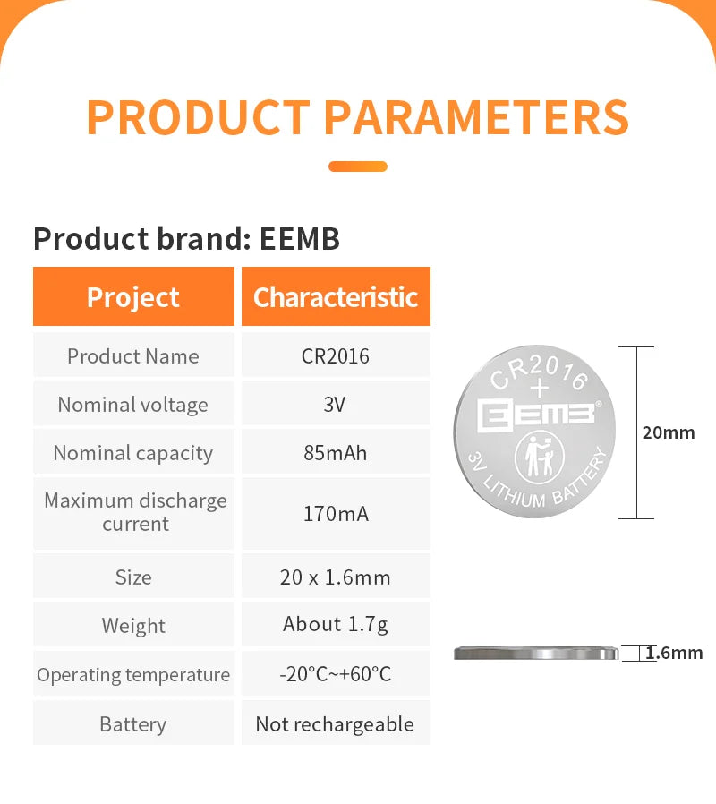 10PACK CMOS Battery EEMB 3V CR2016 Battery with SHR Plug Motherboard Laptop Replacement Battery for PC Computer