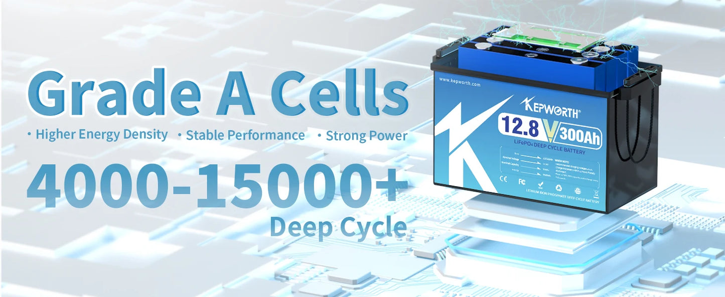 KEPWORTH 12V 300Ah LiFePO4 Battery, Built-in 200A BMS 3840Wh Energy Deep Cycles, Perfect for Off-Grid, Motorhome, Solar System