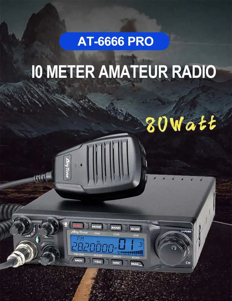 New Anytone AT-6666Pro 80W High Power 28.000-29.695MHz 10 Meter Radio CW/AM/FM/USB/PA Mode 40CH Car Mobile Radio