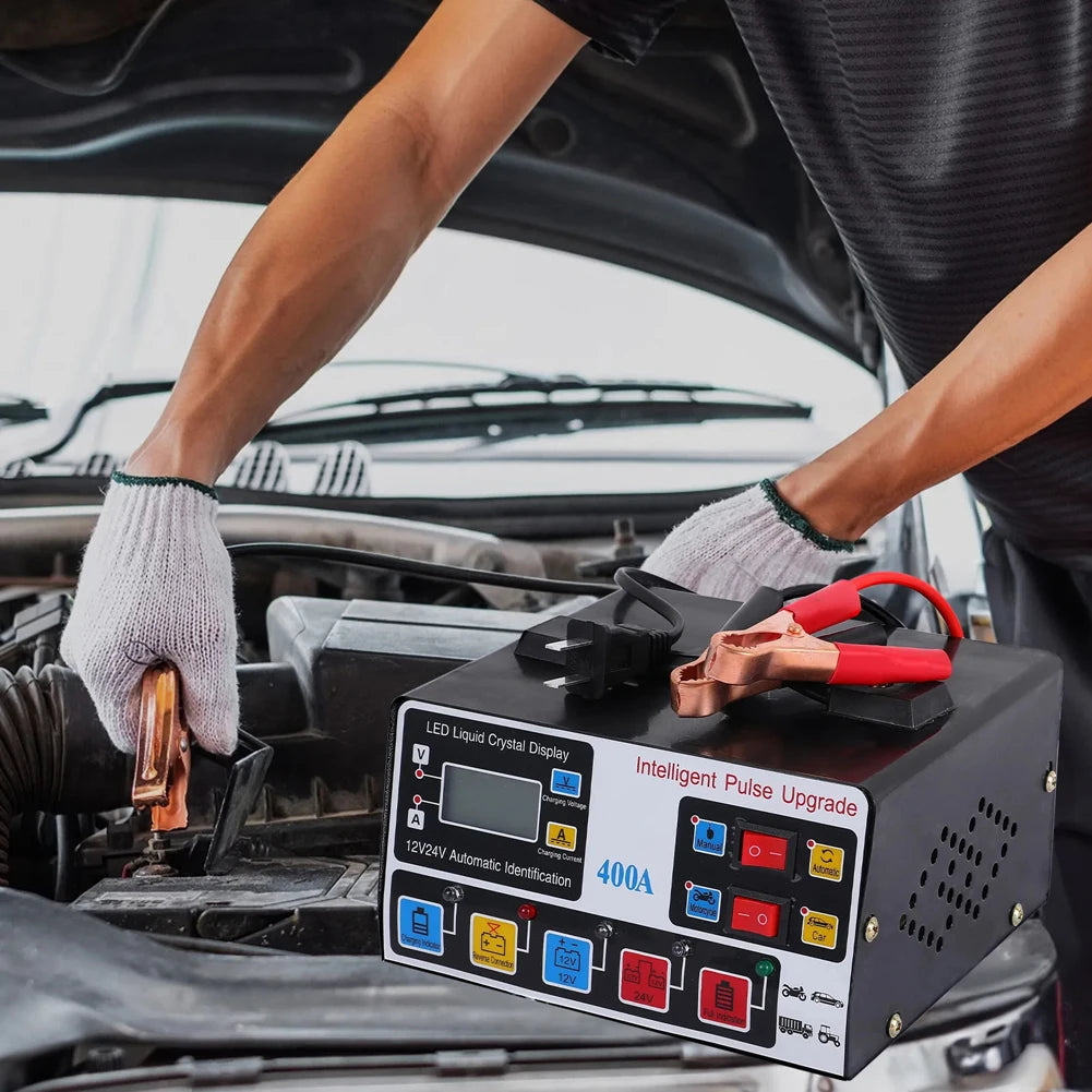 400A 220W Heavy Duty Smart Car Battery Charger 12V/24V LCD Display Self-Stop Battery Charger Five-Stage Full Automatic EU/US