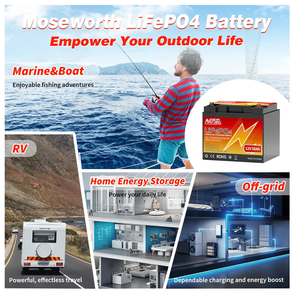 MOSEWORTH 12V 50Ah LiFePO4 Battery 50A BMS 640W Rechargeable Lithium Iron Phosphate Battery Deep Cycle Low-Temp Protection