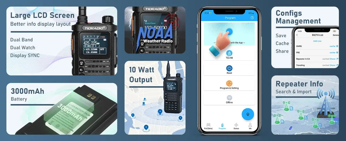 2nd Gen TIDRADIO TD-H8 10W Profession Walkie Talkie Long Range Emergency Radio Portable Two Way Radio Receiver Search Repeaters