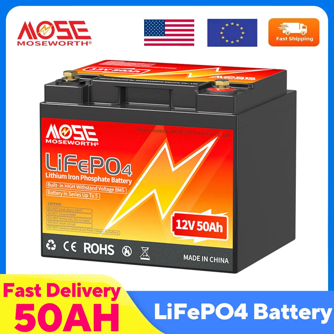 MOSEWORTH 12V 50Ah LiFePO4 Battery 50A BMS 640W Rechargeable Lithium Iron Phosphate Battery Deep Cycle Low-Temp Protection