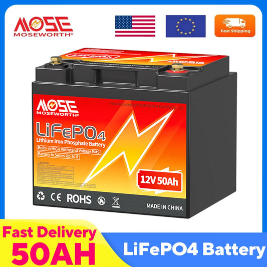 MOSEWORTH 12V 50Ah LiFePO4 Battery 50A BMS 640W Rechargeable Lithium Iron Phosphate Battery Deep Cycle Low-Temp Protection