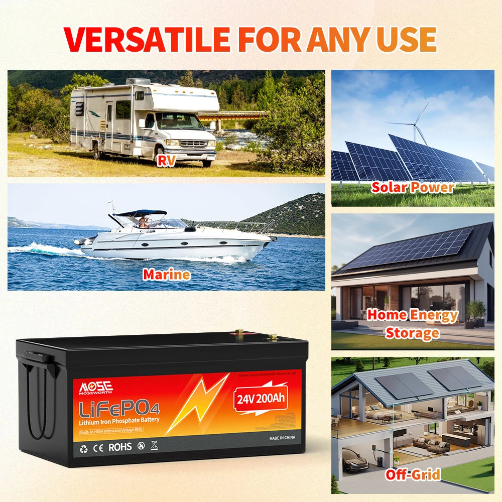 MOSEWORTH 24V 200Ah LiFepo4 Battery Built in 200A BMS Rechargeable Lithium Batteries for Boat Marine RV Solar Trolling Motor