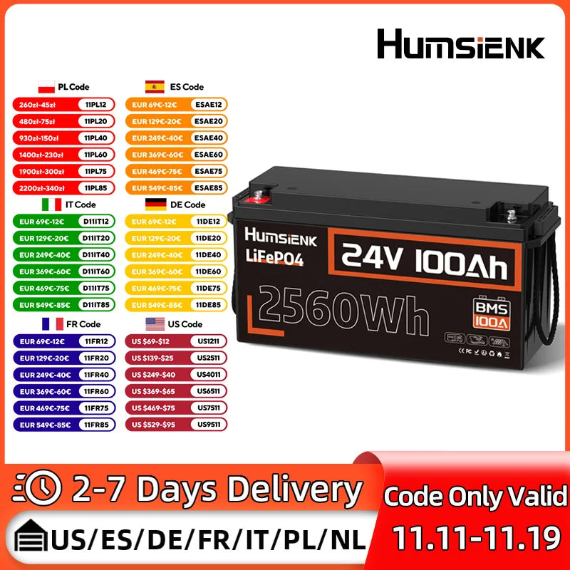 Humsienk LiFePO4 24V 100AH Lithium Iron Phosphate Battery 100A BMS For Electronics RV Campers Solar Golf Carts Marine Vans