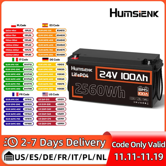 Humsienk LiFePO4 24V 100AH Lithium Iron Phosphate Battery 100A BMS For Electronics RV Campers Solar Golf Carts Marine Vans