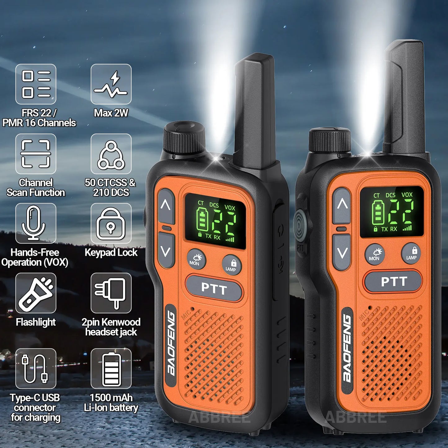 2X BAOFENG FRS Walkie Talkies Long Range Walkie Talkie NOAA VOX Flashlight Type-C Portable Two Way Radio For Restaurant Camping