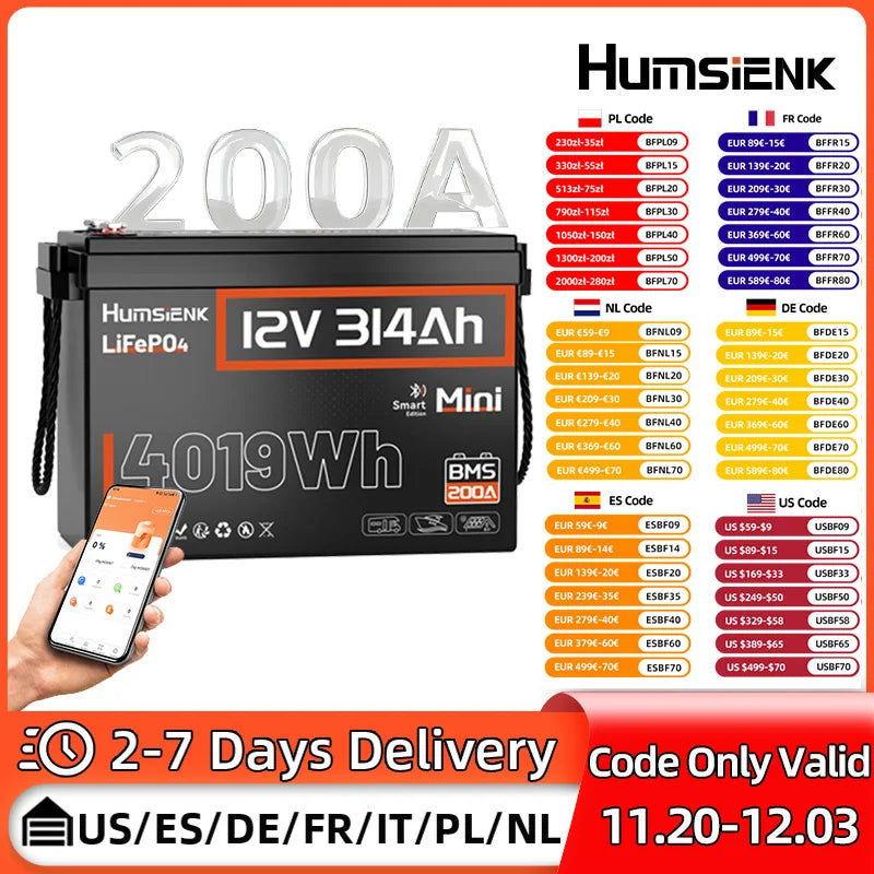 Humsienk Bluetooth LiFePO4 Battery 12V 314AH With 200A BMS A+ Cells 15000 Cycles Real- time Monitor For Outdoor / Household
