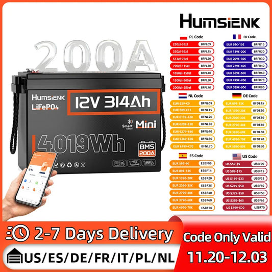 Humsienk Bluetooth LiFePO4 Battery 12V 314AH With 200A BMS A+ Cells 15000 Cycles Real- time Monitor For Outdoor / Household