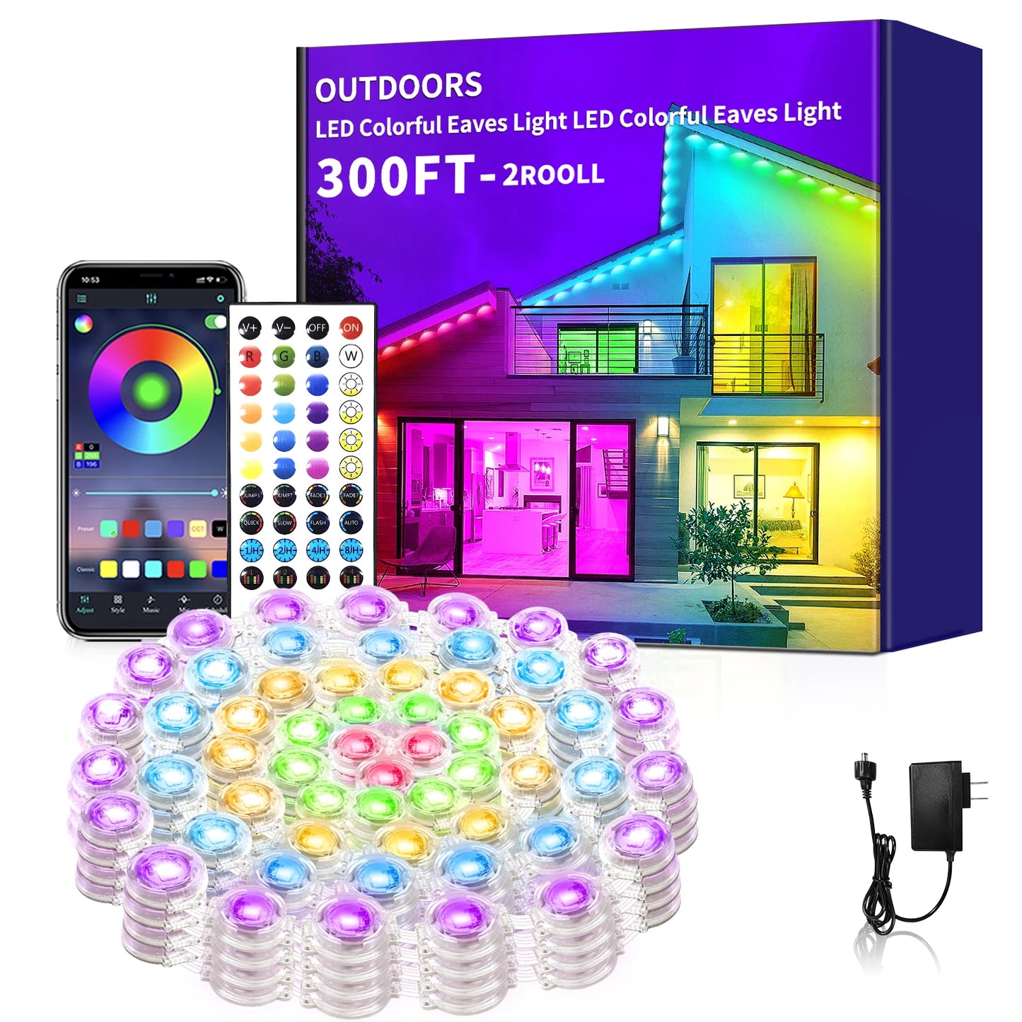 300ft Permanent Outdoor Light,RGB Eaves Lights with App Control Remote,DIY IP67 Waterproof Under Eave Lighting,Outside led Light