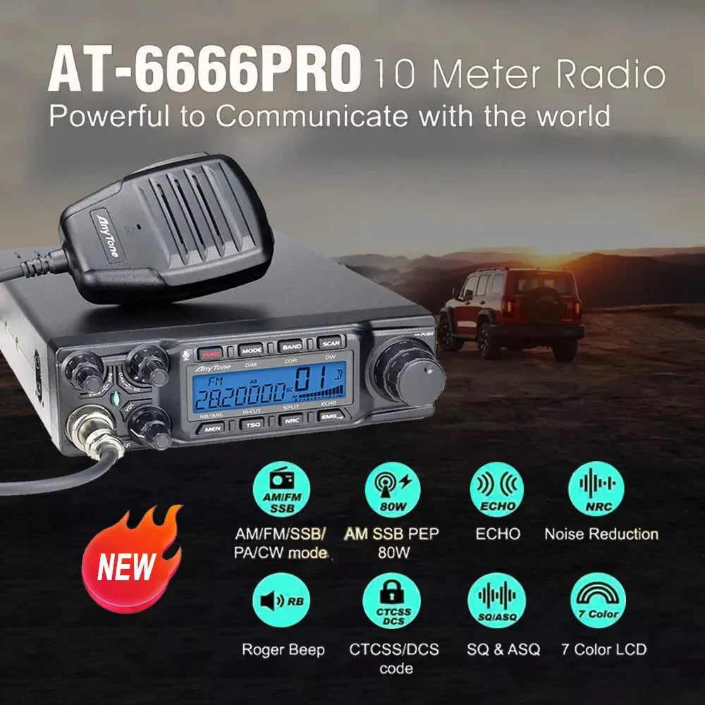 New AnyTone AT-6666 Pro 10 Meter Radio High Power 80W/50W Mobile Radio SSB(PEP)/FM/AM/PA/VOX/NRC Mode Long Range Two Way Radio