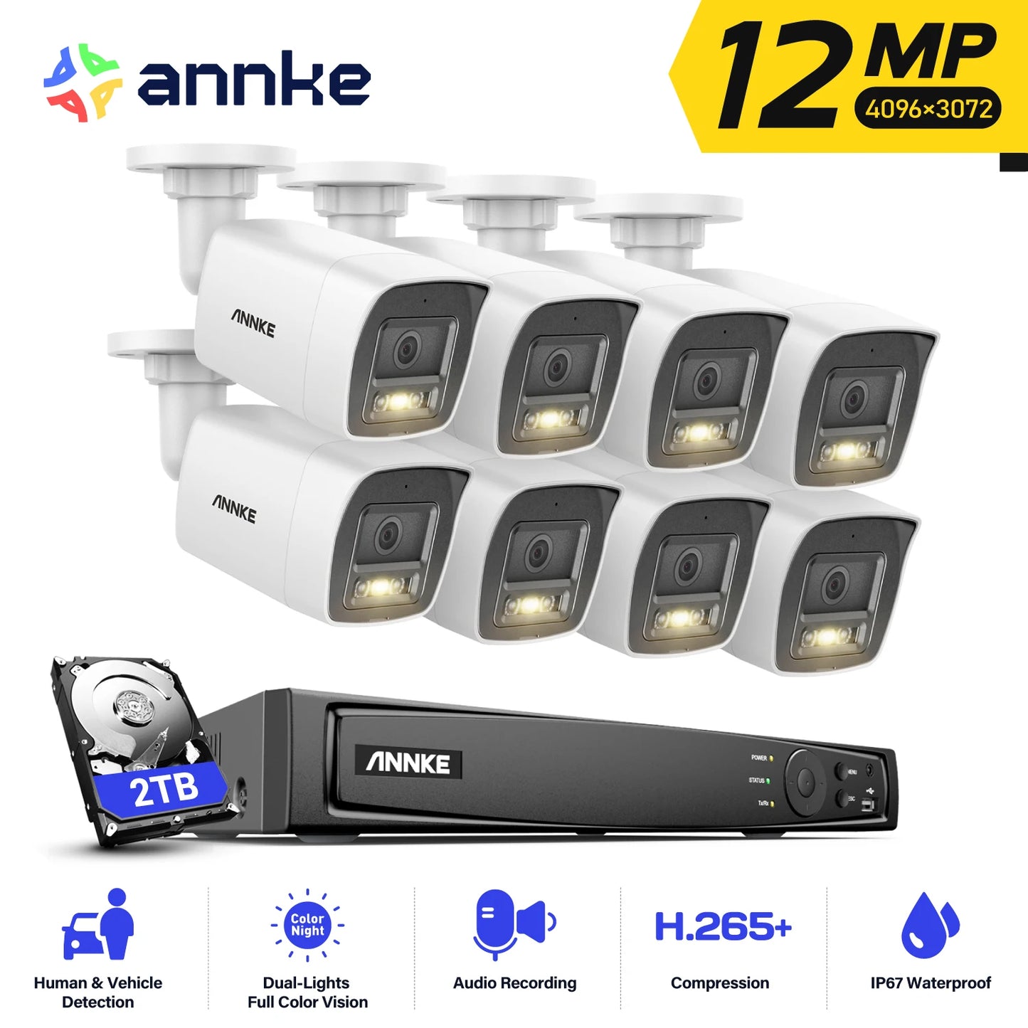 ANNKE 12MP Camera Kits Smart Dual Light Security 8CH NVR 8PCS POE Camera Outdoor CCTV Video Surveillance Protection Camera