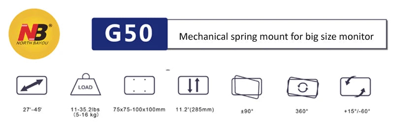 NB G50 mechanical Spring 27"-45" 42" big Screen Monitor Desktop Holder 360 Rotate 5-16kg ultra wide flat screen arc screen USB